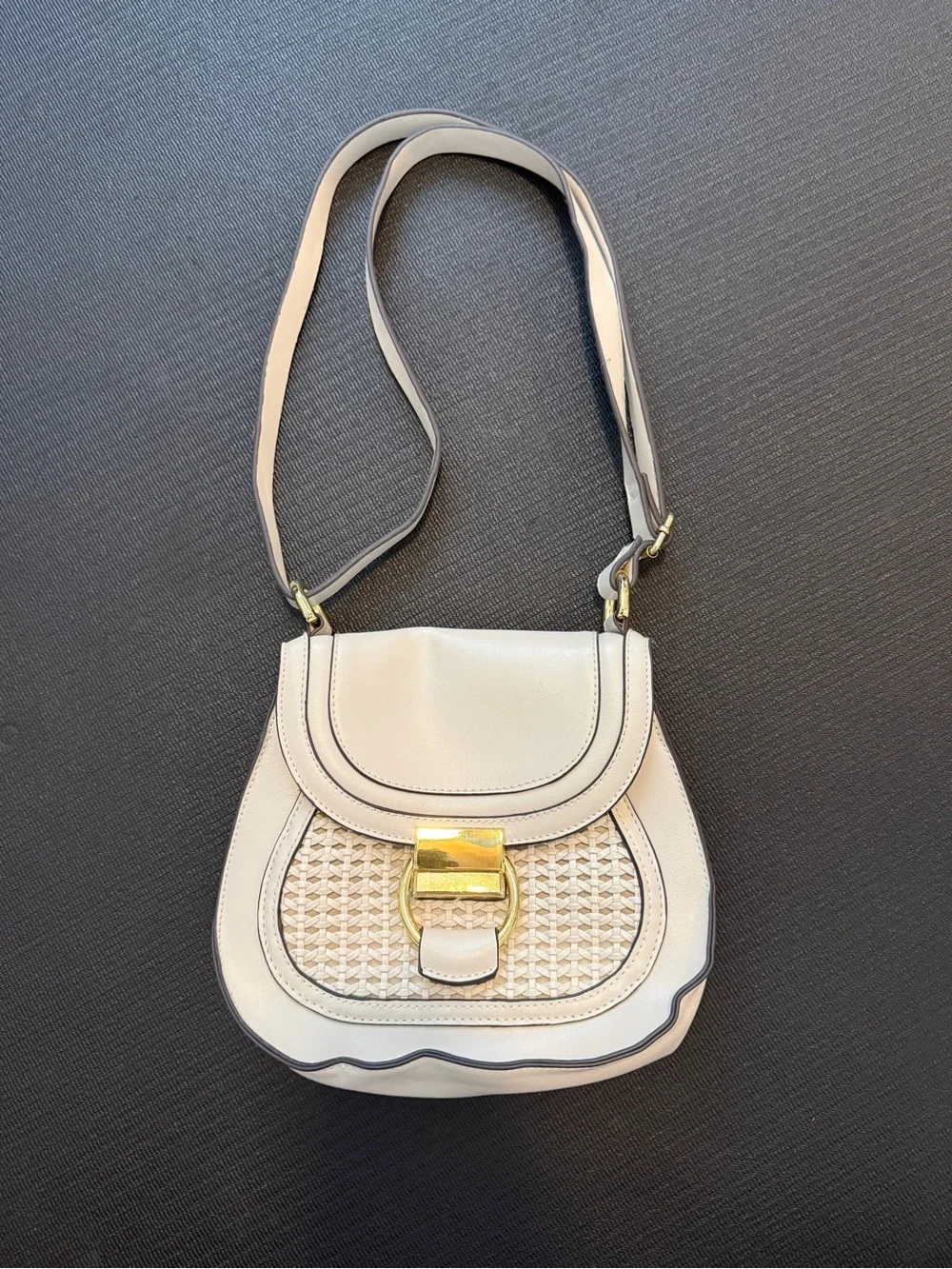 Cream Crossbody Bag with Woven Front and Gold Accent
